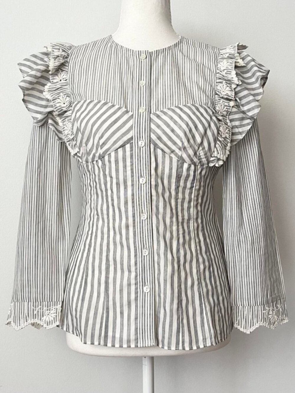 NWT Rebecca Taylor Women's Blouse Size 0 Ruffles Embroidery Cotton Linen $375